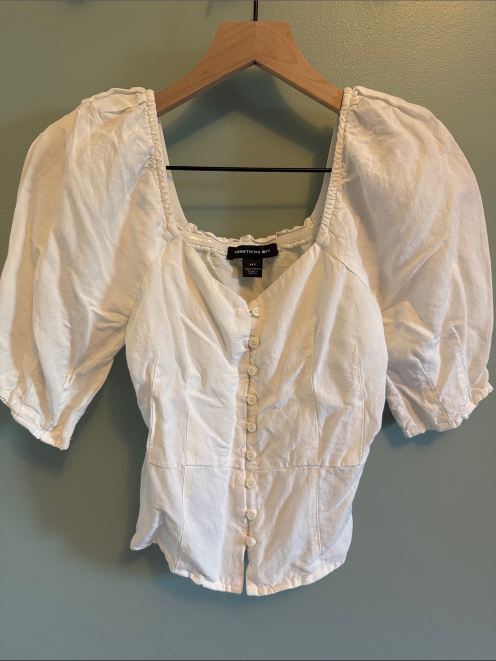 Something Navy White Square-Neck Button Front Puff Sleeve Blouse